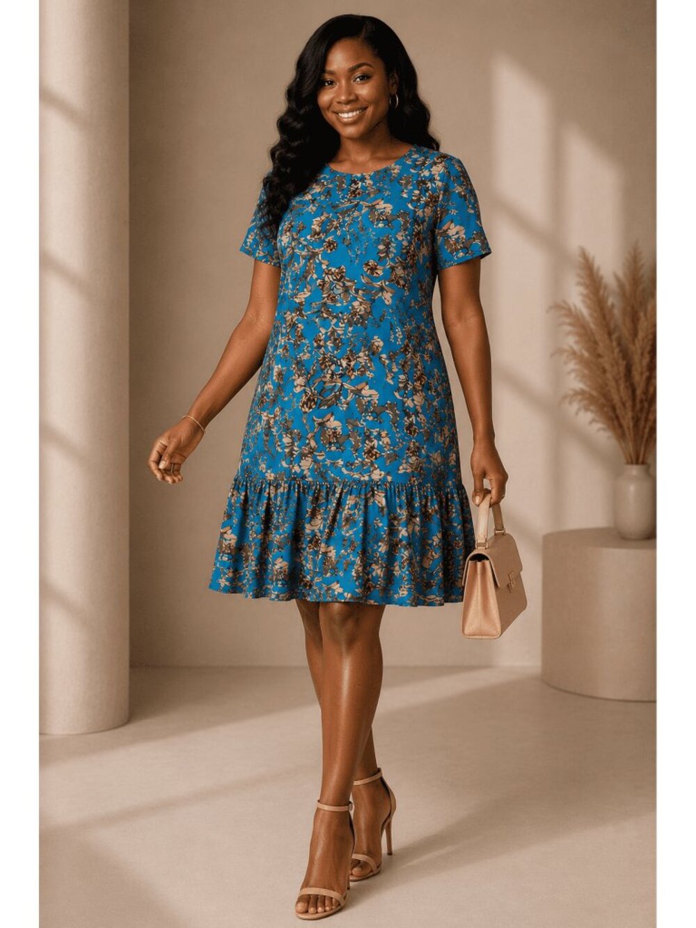 Turquoise Bloom Floral Ruffle Hem Dress